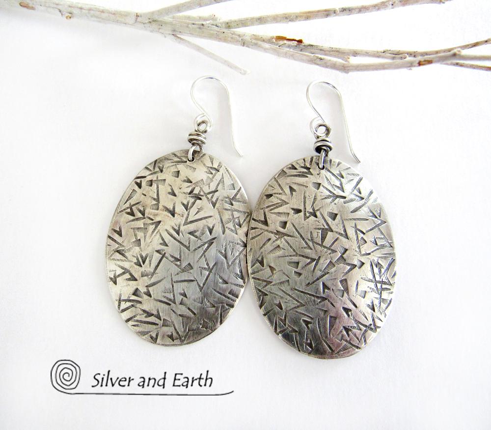 Big Sterling Silver Dangle Earrings with Stamped Texture - Modern Silver Jewelry