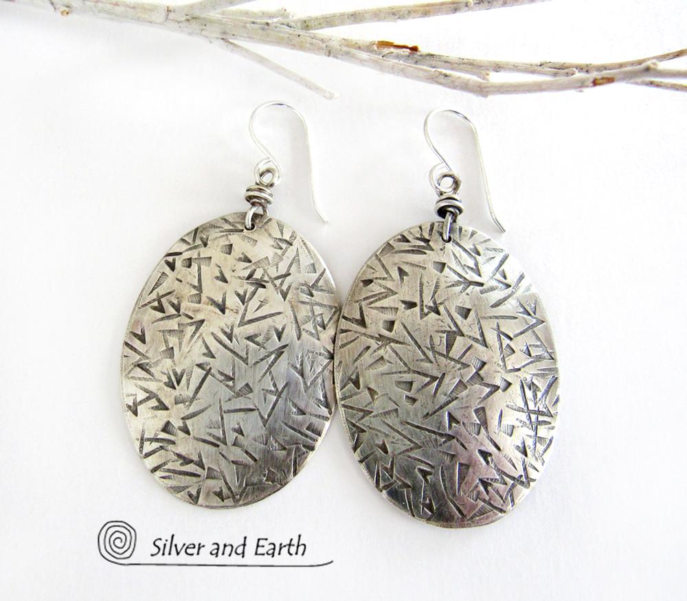 Big Sterling Silver Dangle Earrings with Stamped Texture - Modern Silver Jewelry