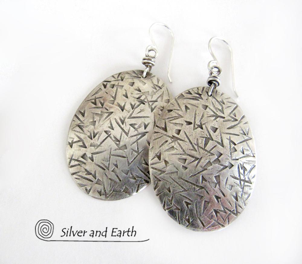 Big Sterling Silver Dangle Earrings with Stamped Texture - Modern Silver Jewelry