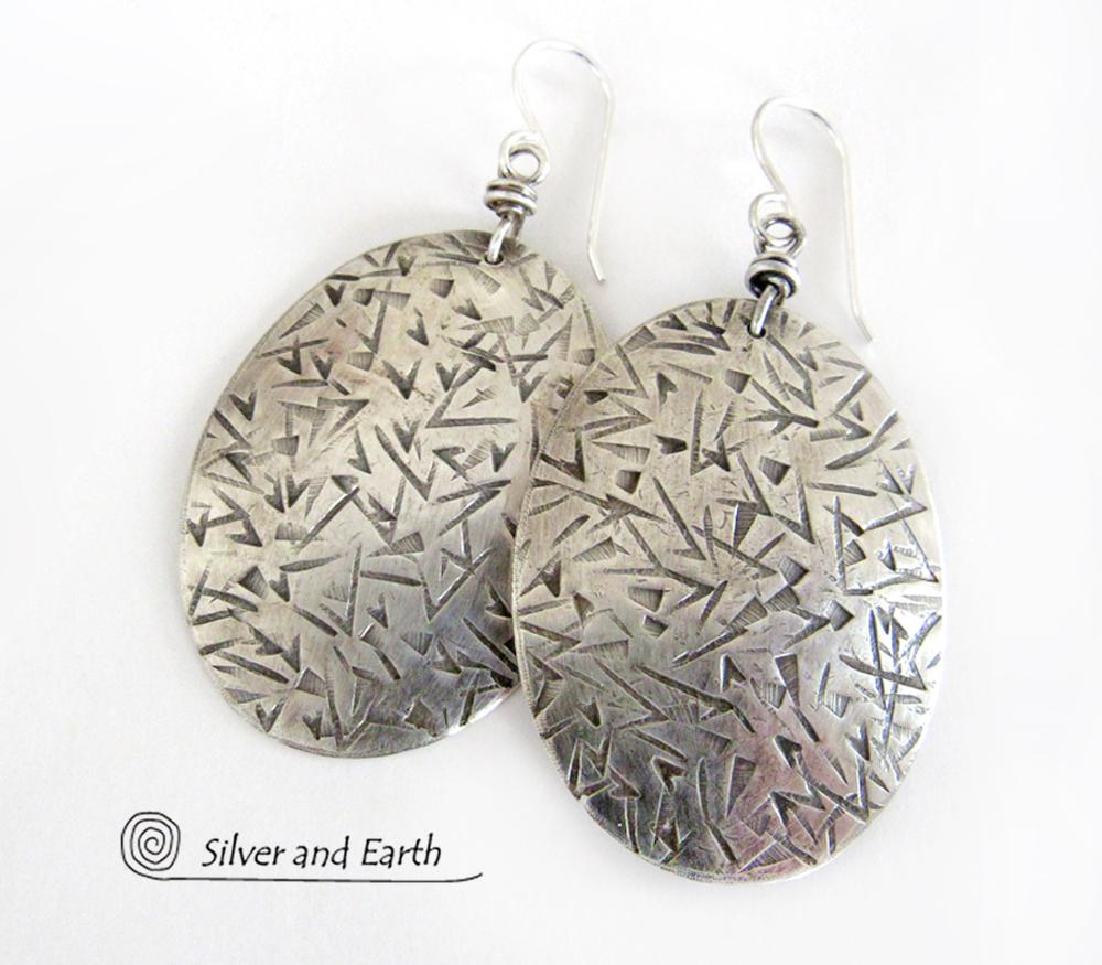 Big Sterling Silver Dangle Earrings with Stamped Texture - Modern Silver Jewelry