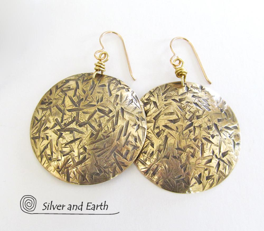 Big Bold Gold Brass Dangle Earrings - Contemporary Modern Jewelry