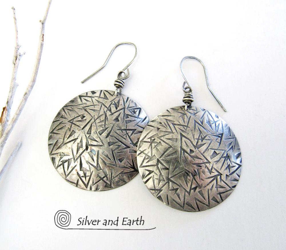 Large Round Solid Sterling Silver Earrings - Bold Statement Jewelry
