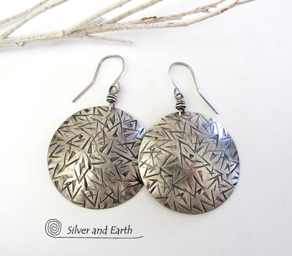 Large Round Solid Sterling Silver Earrings - Bold Statement Jewelry