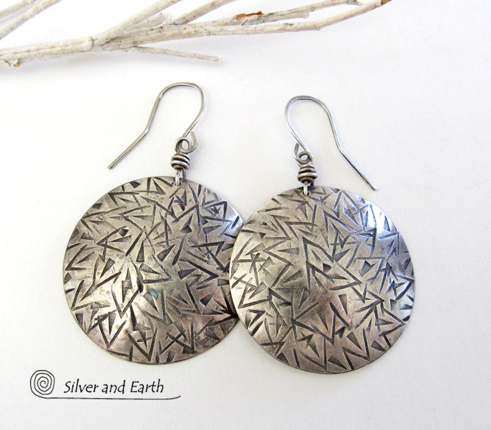 Large Round Solid Sterling Silver Earrings - Bold Statement Jewelry