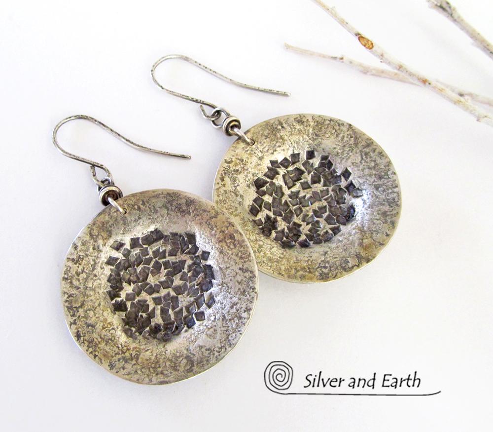 Hammered Sterling Silver Earrings with Rustic Texture - Earthy Modern Jewelry