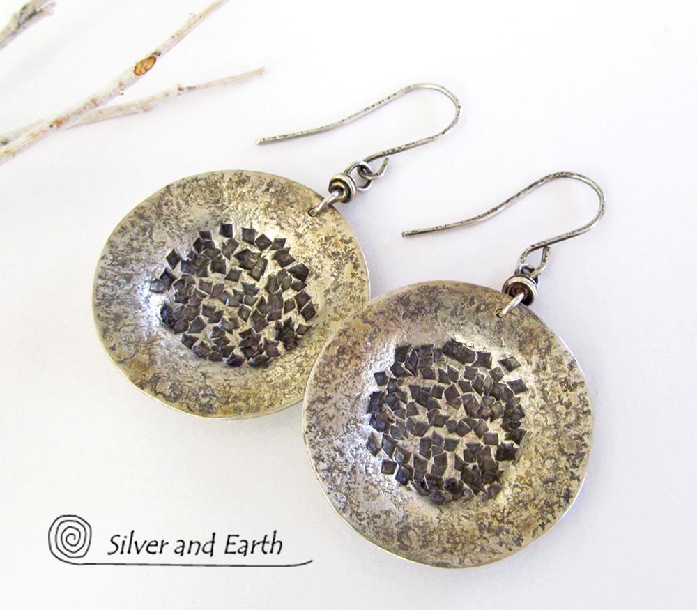 Hammered Sterling Silver Earrings with Rustic Texture - Earthy Modern Jewelry
