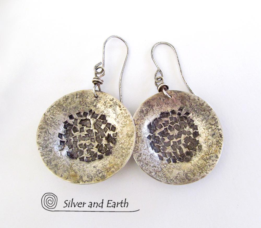 Hammered Sterling Silver Earrings with Rustic Texture - Earthy Modern Jewelry