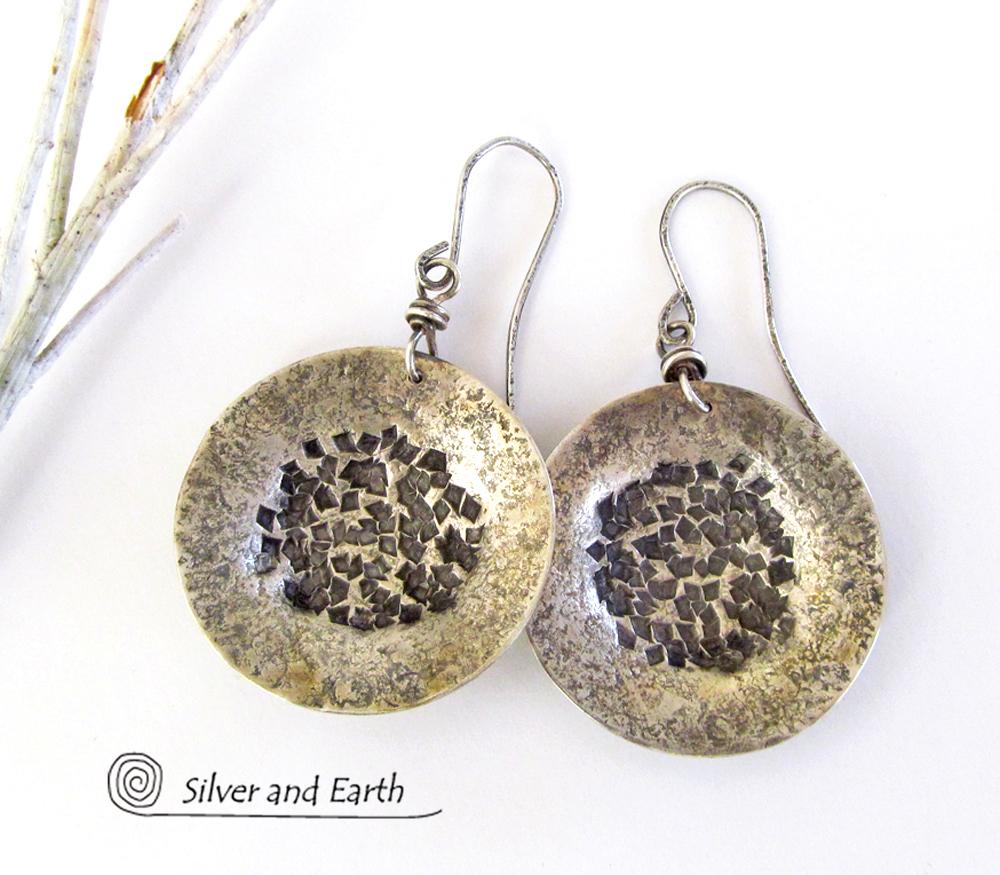 Hammered Sterling Silver Earrings with Rustic Texture - Earthy Modern Jewelry