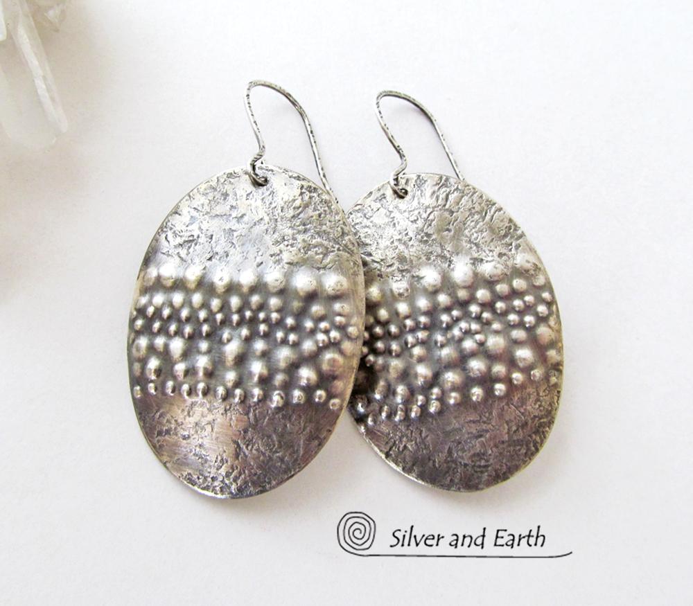 Large Sterling Silver Earrings with Unique Texture - Organic Earthy Jewelry