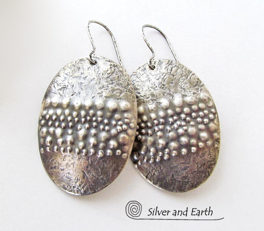 Large Sterling Silver Earrings with Unique Texture - Organic Earthy Jewelry