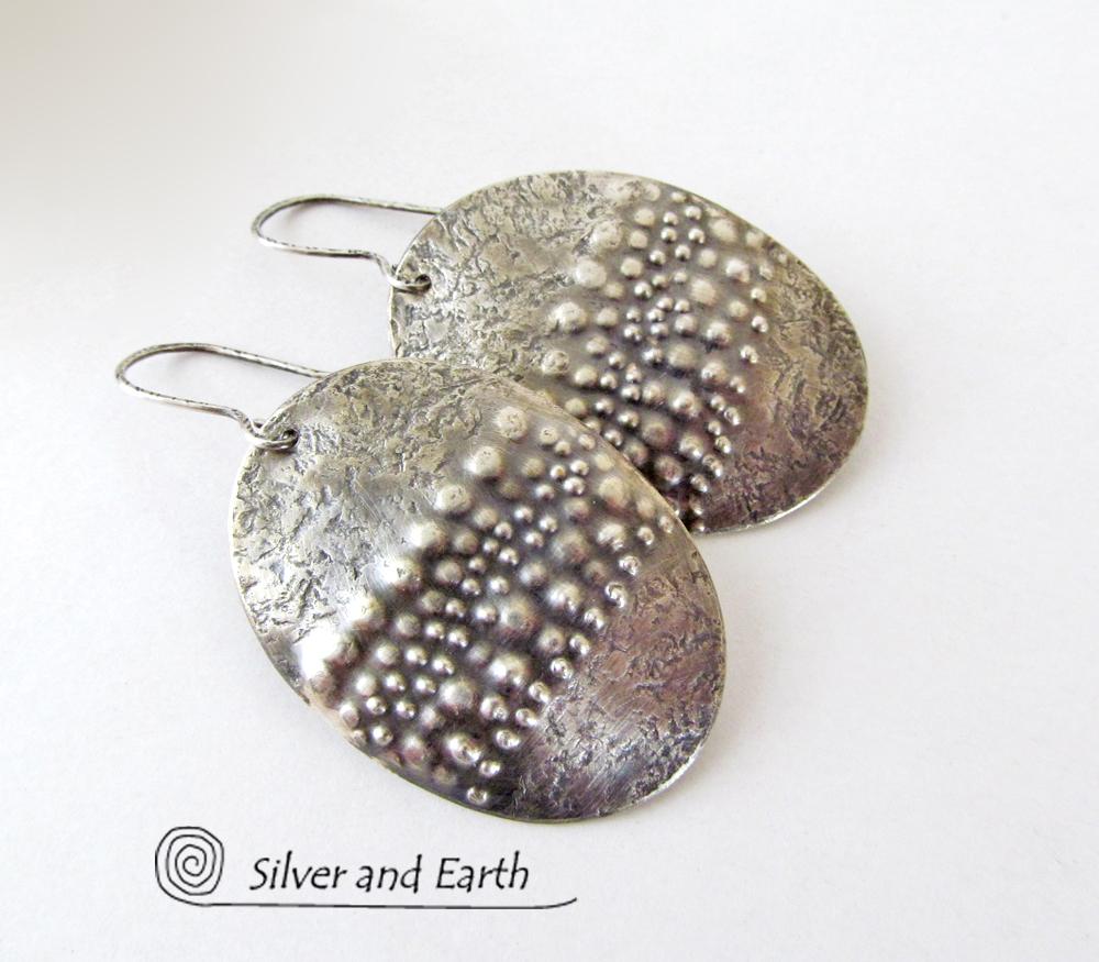 Large Sterling Silver Earrings with Unique Texture - Organic Earthy Jewelry