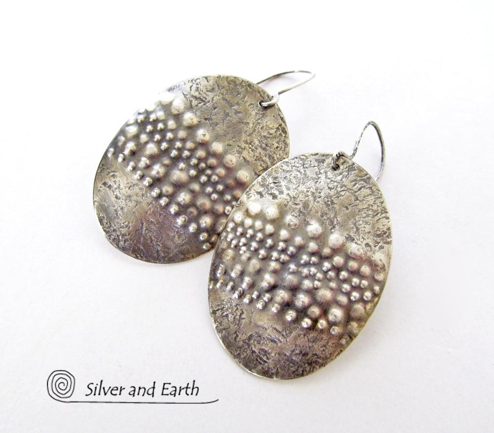 Large Sterling Silver Earrings with Unique Texture - Organic Earthy Jewelry