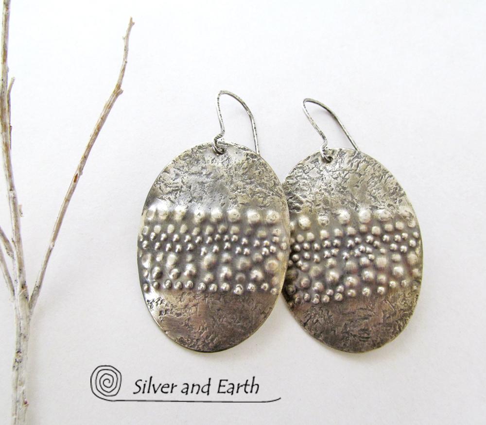 Large Sterling Silver Earrings with Unique Texture - Organic Earthy Jewelry