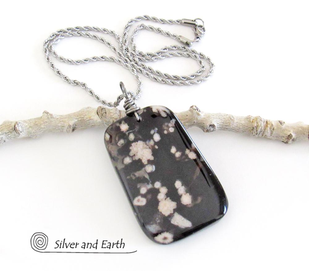 Black Cherry Blossom Agate Pendant - Unique Natural Stone Jewelry