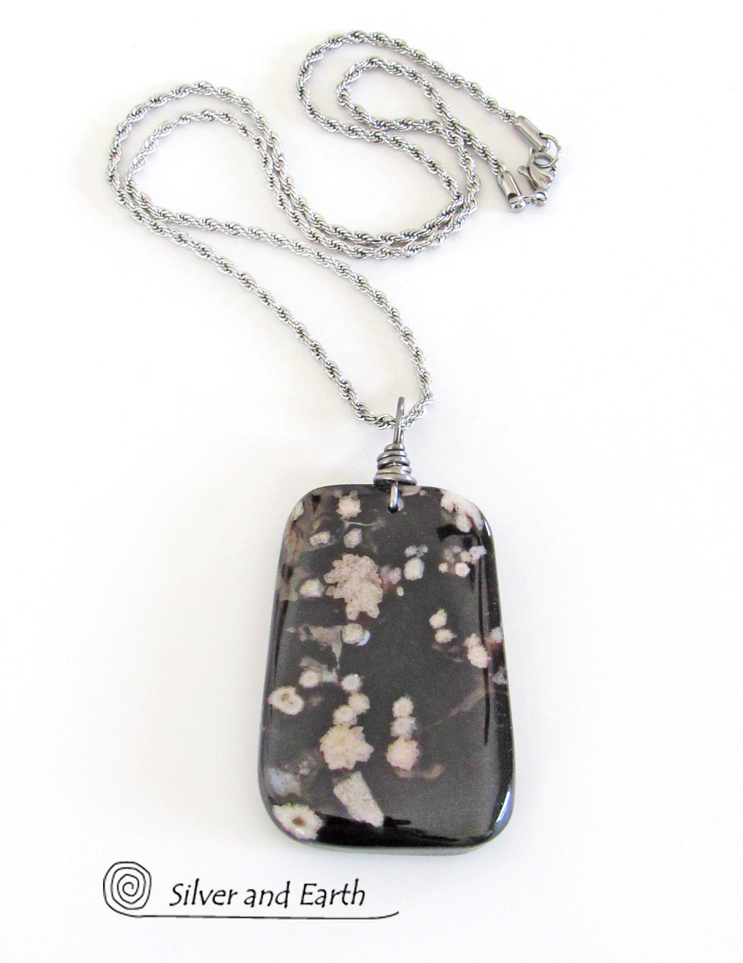 Black Cherry Blossom Agate Pendant - Unique Natural Stone Jewelry