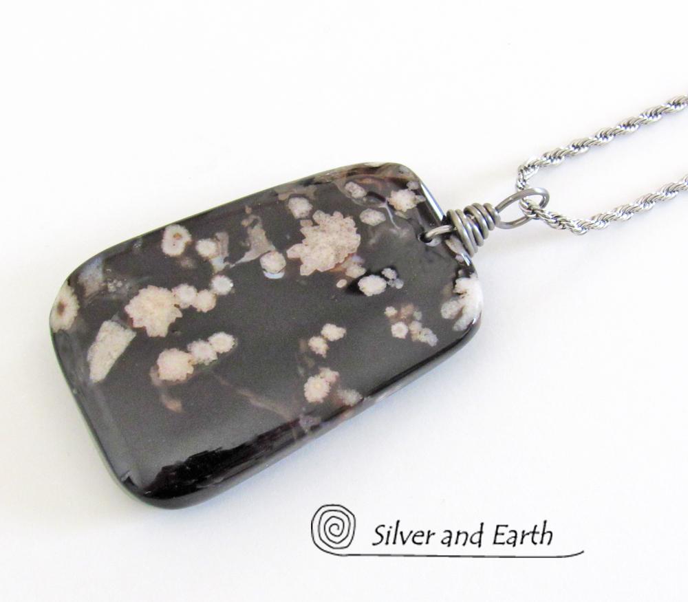 Black Cherry Blossom Agate Pendant - Unique Natural Stone Jewelry