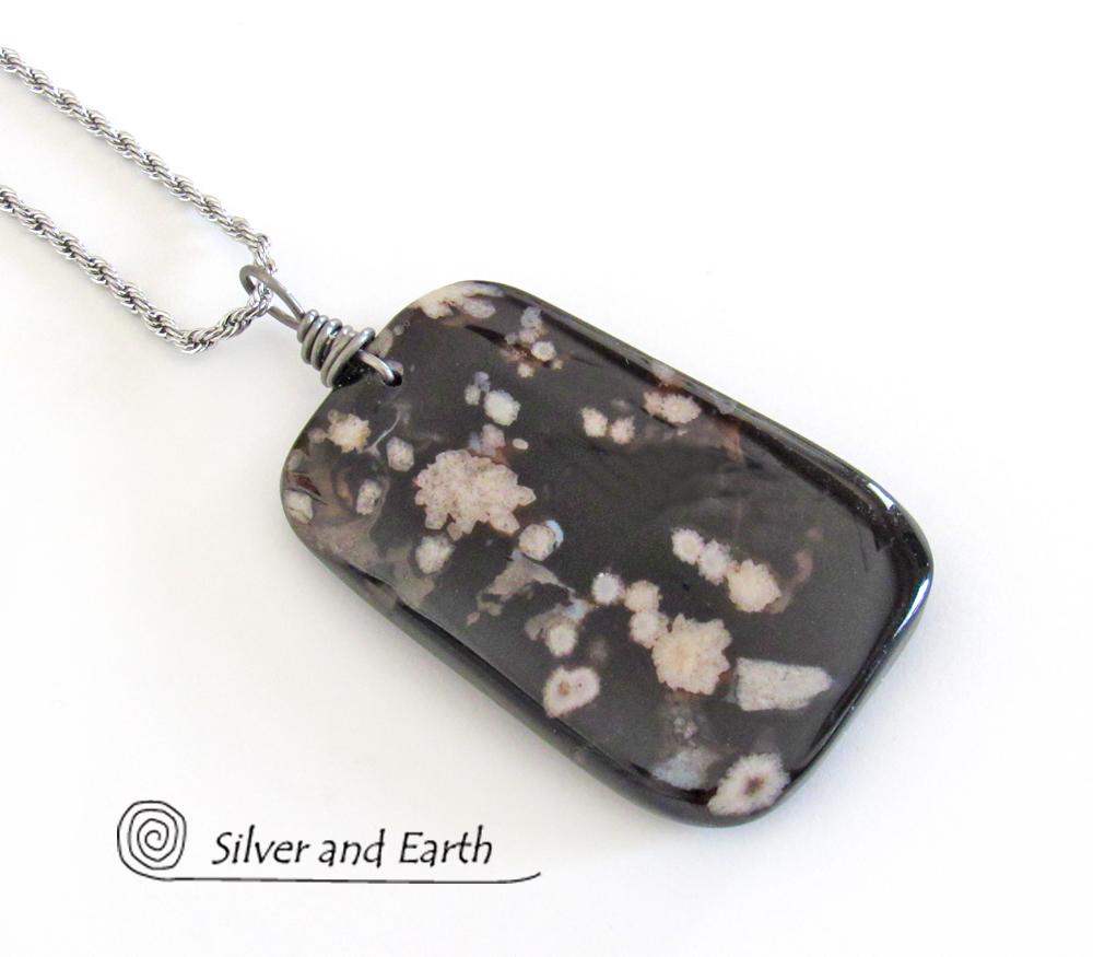 Black Cherry Blossom Agate Pendant - Unique Natural Stone Jewelry