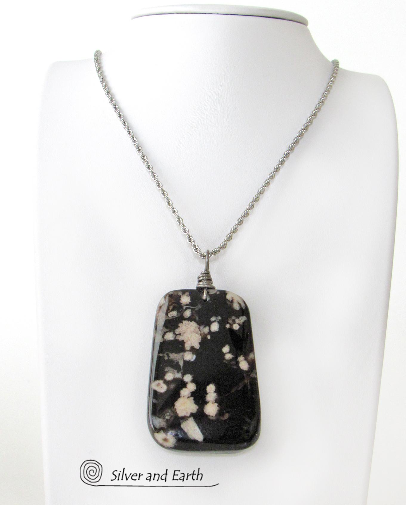 Black Cherry Blossom Agate Pendant - Unique Natural Stone Jewelry