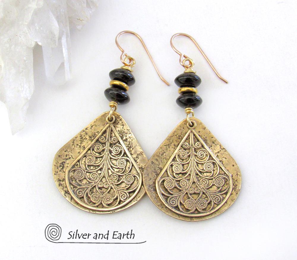 Gold Brass Filigree Earrings with Black Onyx Gemstones - Boho Chic Jewelry