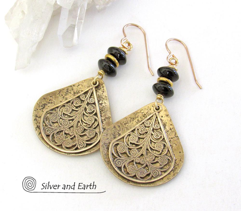 Gold Brass Filigree Earrings with Black Onyx Gemstones - Boho Chic Jewelry