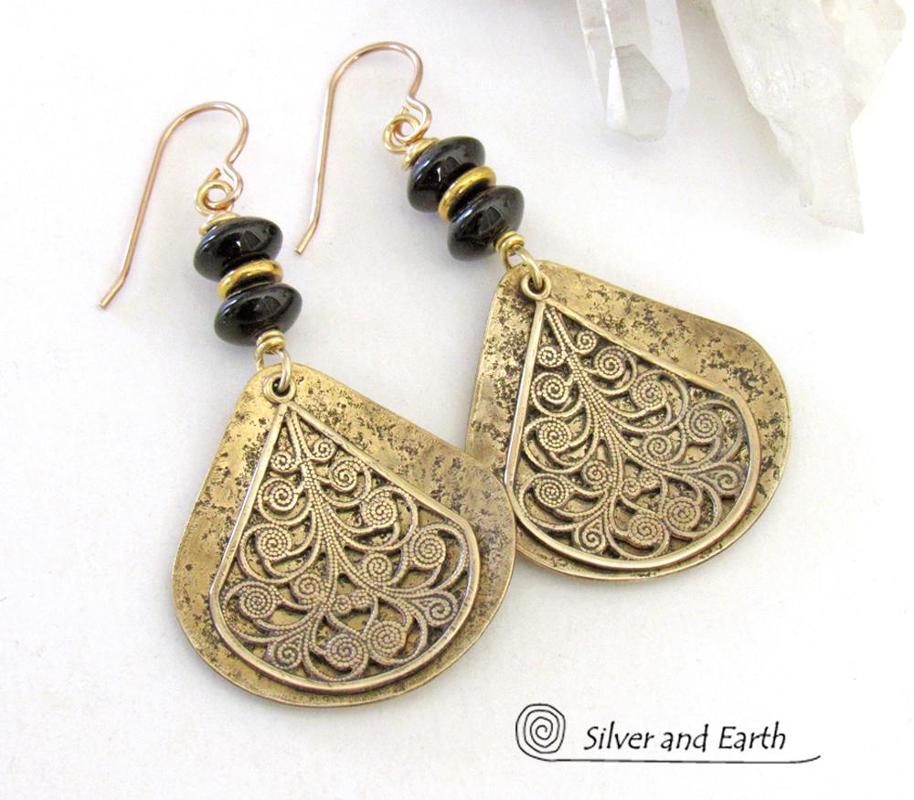 Gold Brass Filigree Earrings with Black Onyx Gemstones - Boho Chic Jewelry