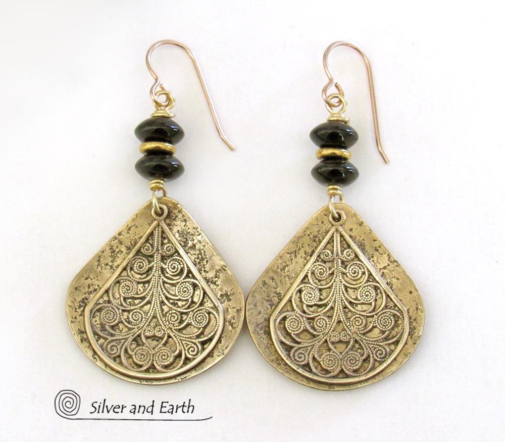 Gold Brass Filigree Earrings with Black Onyx Gemstones - Boho Chic Jewelry