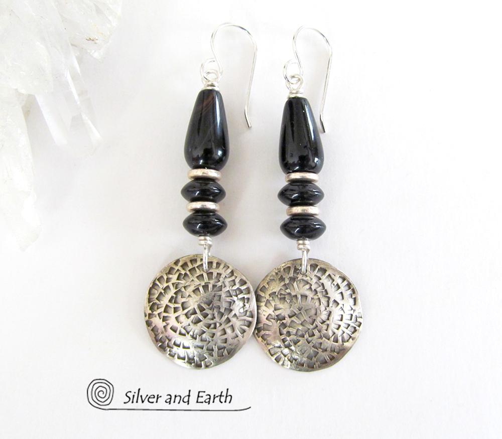 Black Onyx Sterling Silver Dangle Earrings - Modern Stylish Silver Jewelry