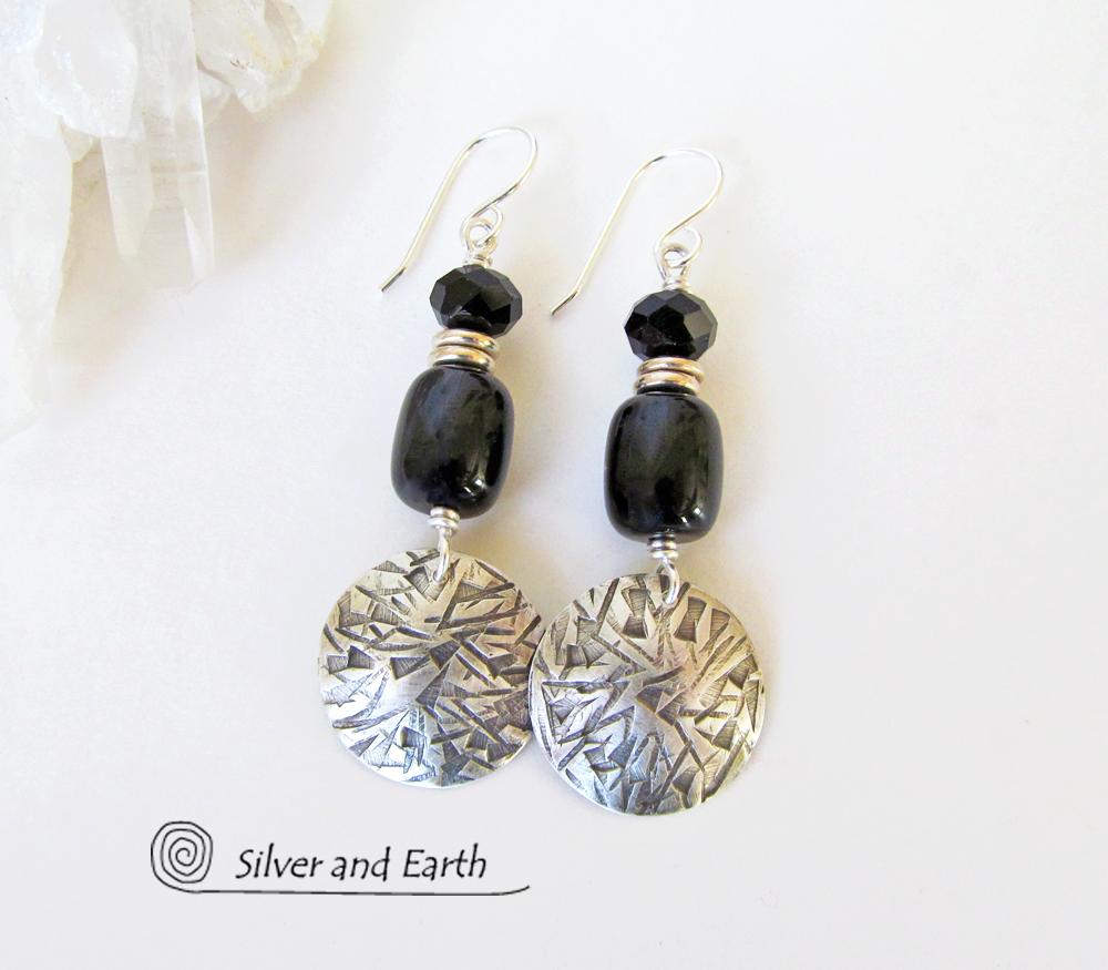 Sterling Silver Earrings with Black Onyx & Crystal Beads - Modern Chic Jewelry