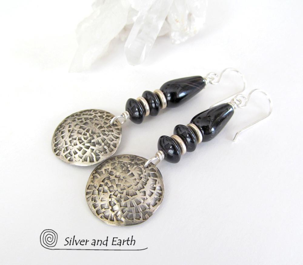 Black Onyx Sterling Silver Dangle Earrings - Modern Stylish Silver Jewelry