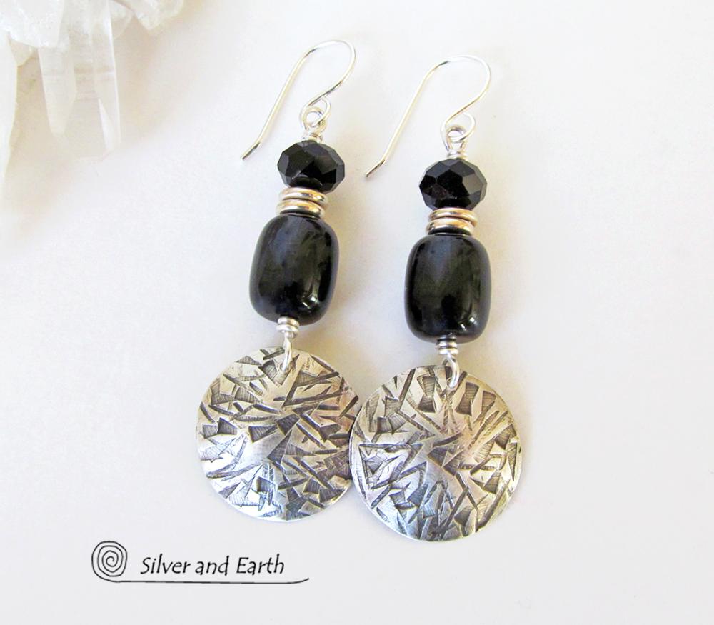 Sterling Silver Earrings with Black Onyx & Crystal Beads - Modern Chic Jewelry