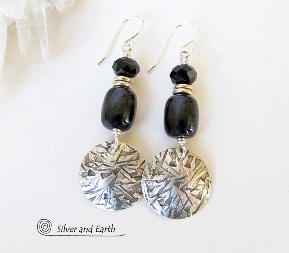 Sterling Silver Earrings with Black Onyx  & Crystal Beads - Modern Chic Jewelry