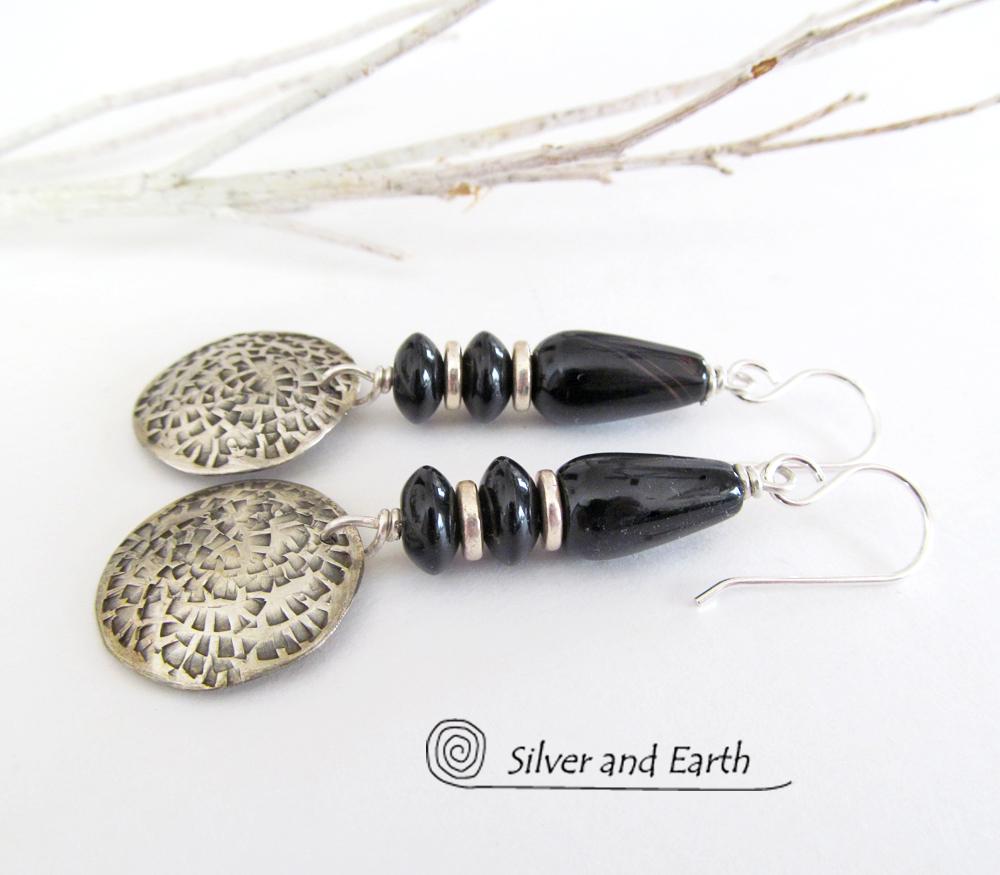 Black Onyx Sterling Silver Dangle Earrings - Modern Stylish Silver Jewelry