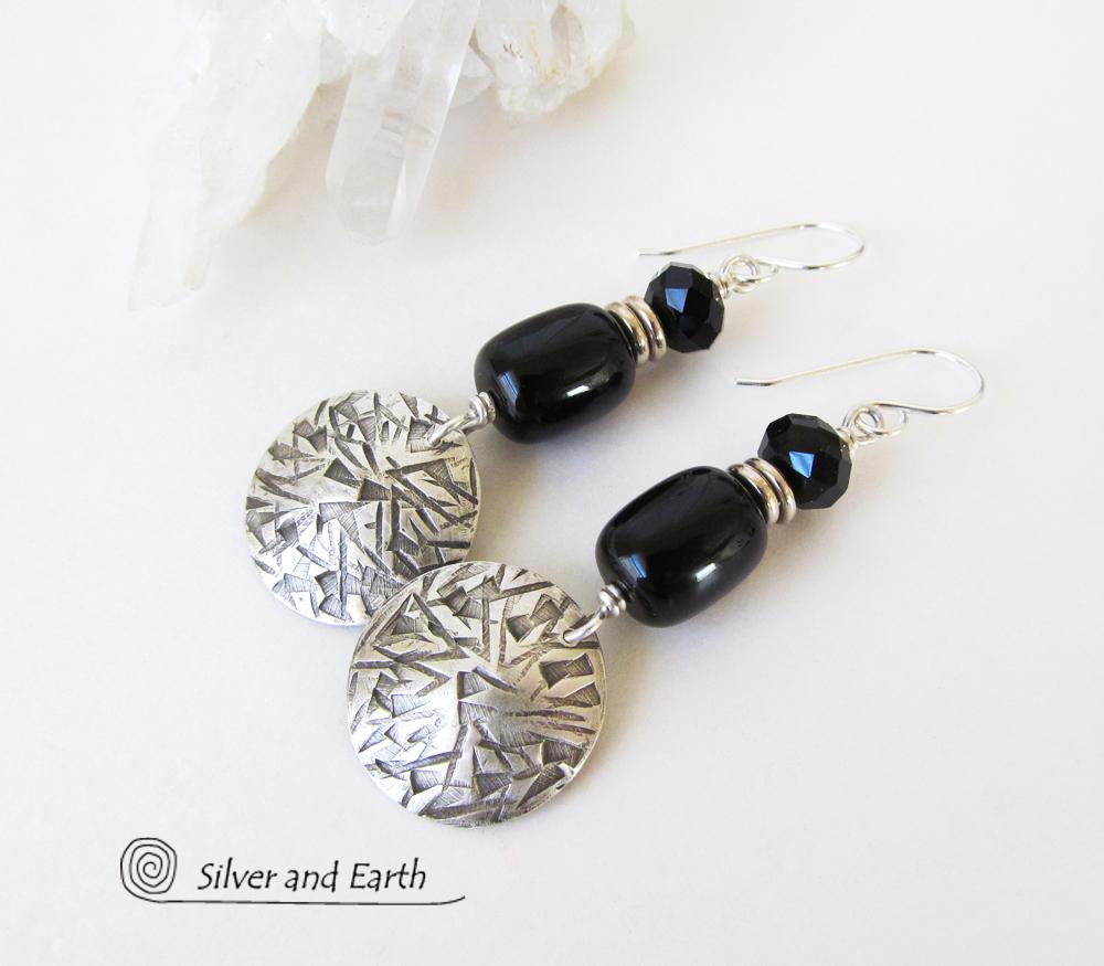 Sterling Silver Earrings with Black Onyx & Crystal Beads - Modern Chic Jewelry