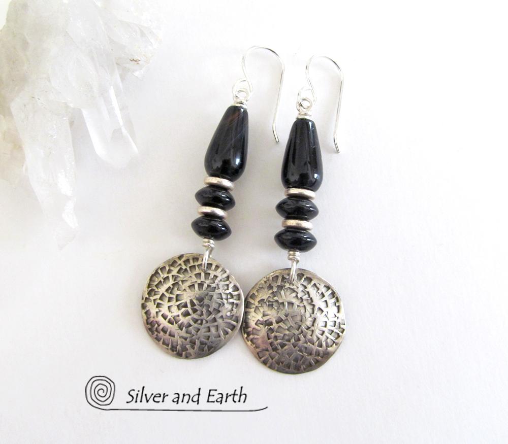 Black Onyx Sterling Silver Dangle Earrings - Modern Stylish Silver Jewelry