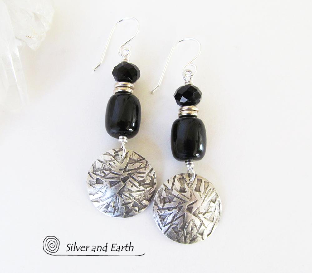 Sterling Silver Earrings with Black Onyx & Crystal Beads - Modern Chic Jewelry