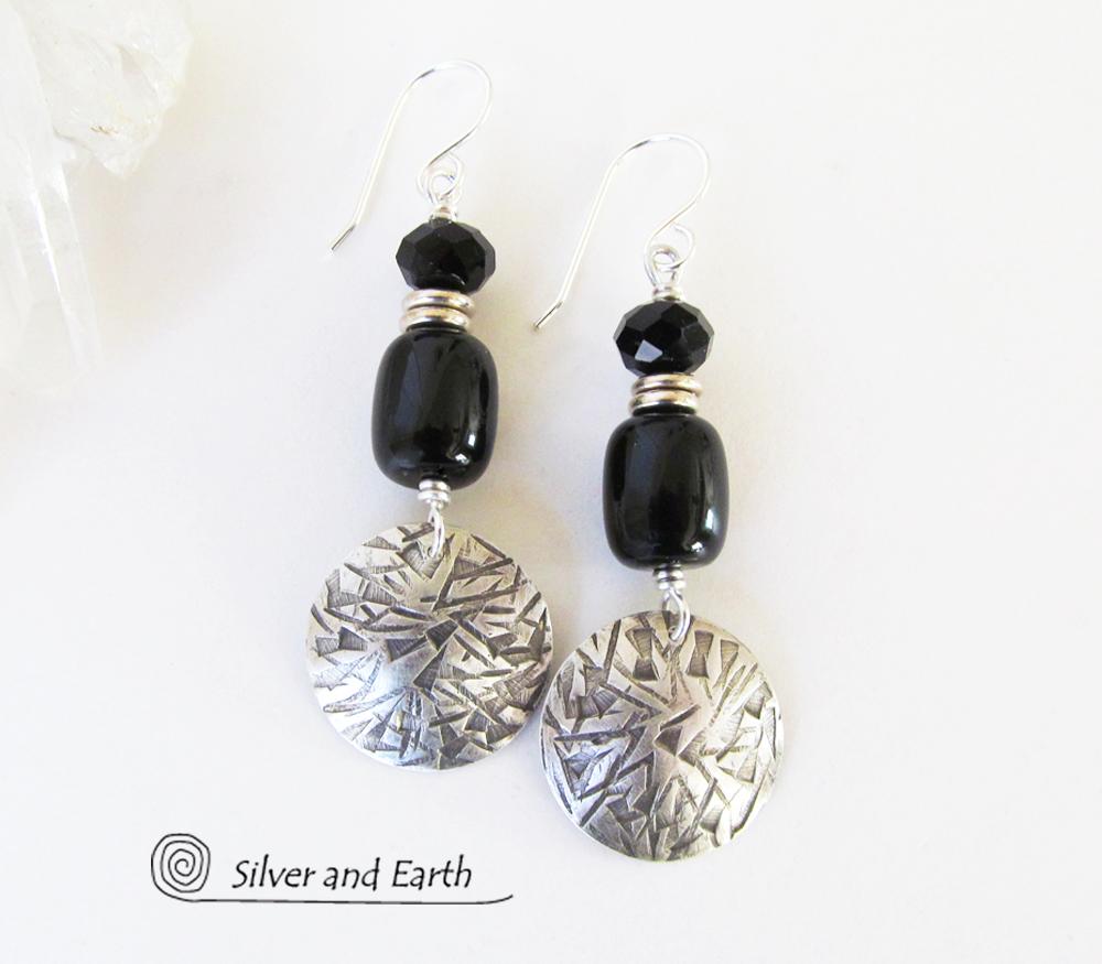 Sterling Silver Earrings with Black Onyx  & Crystal Beads - Modern Chic Jewelry