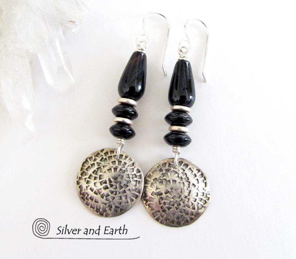 Black Onyx Sterling Silver Dangle Earrings - Modern Stylish Silver Jewelry