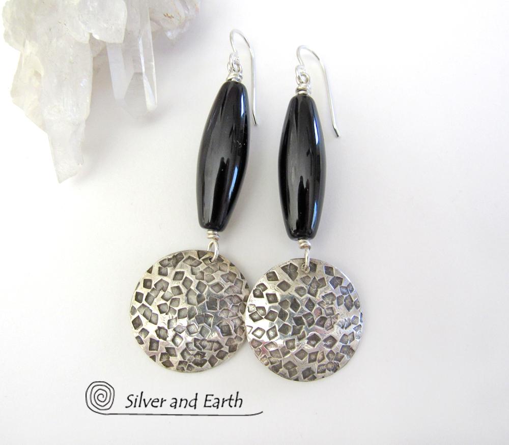 Black Onyx Sterling Silver Dangle Earrings - Chic Modern Silver Jewelry