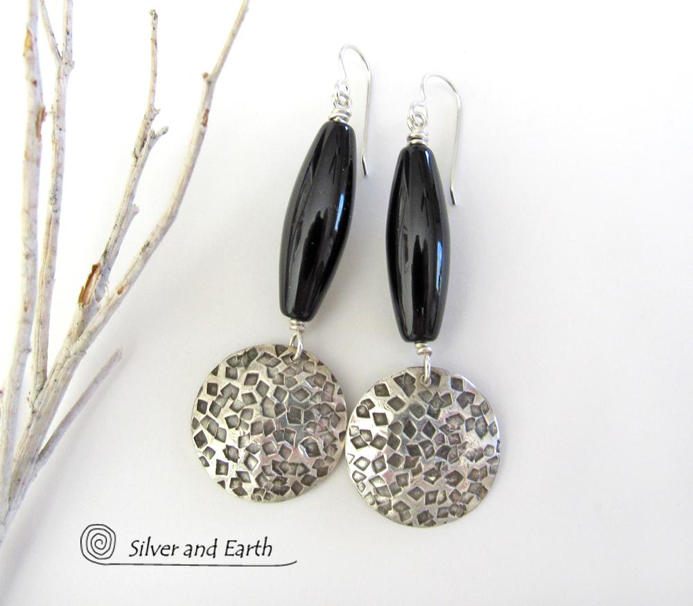 Black Onyx Sterling Silver Dangle Earrings - Chic Modern Silver Jewelry