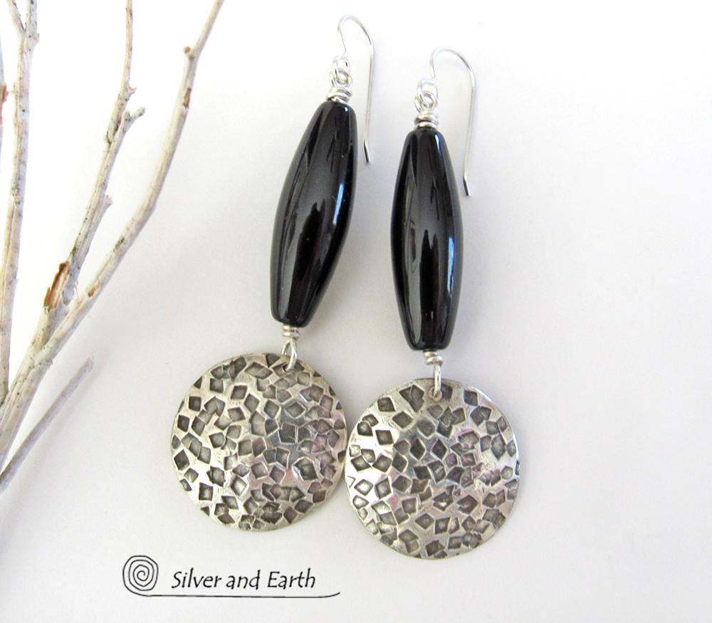 Black Onyx Sterling Silver Dangle Earrings - Chic Modern Silver Jewelry