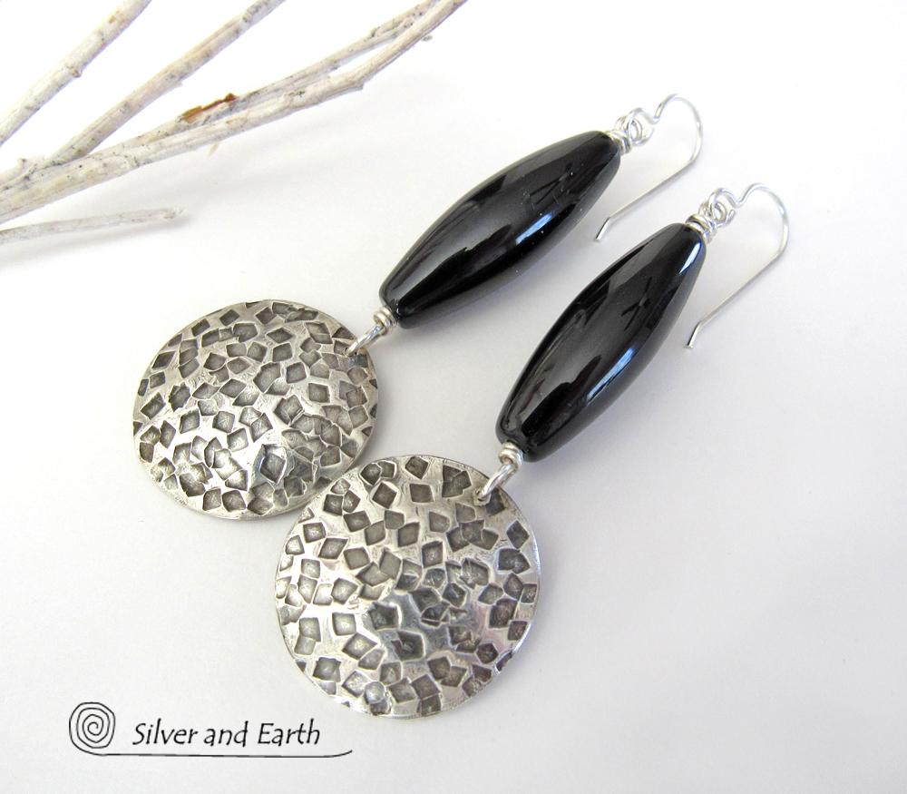 Black Onyx Sterling Silver Dangle Earrings - Chic Modern Silver Jewelry