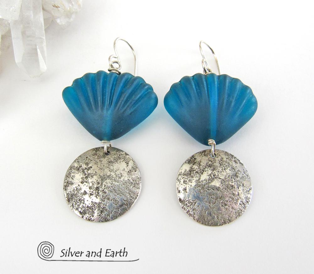 Sterling Silver Earrings with Blue Shell Shaped Glass Beads - Resort Jewelry