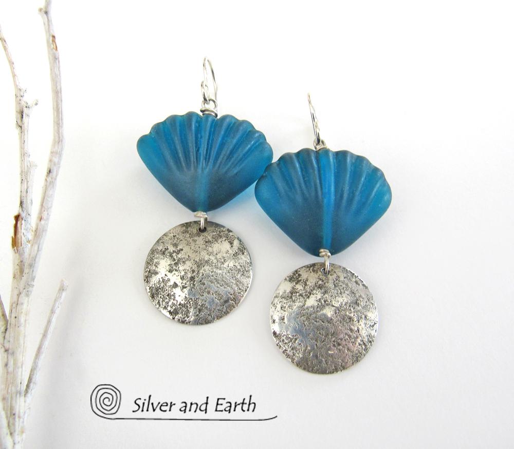 Sterling Silver Earrings with Blue Shell Shaped Glass Beads - Resort Jewelry