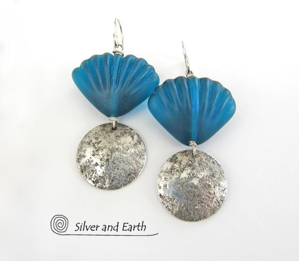 Sterling Silver Earrings with Blue Shell Shaped Glass Beads - Resort Jewelry