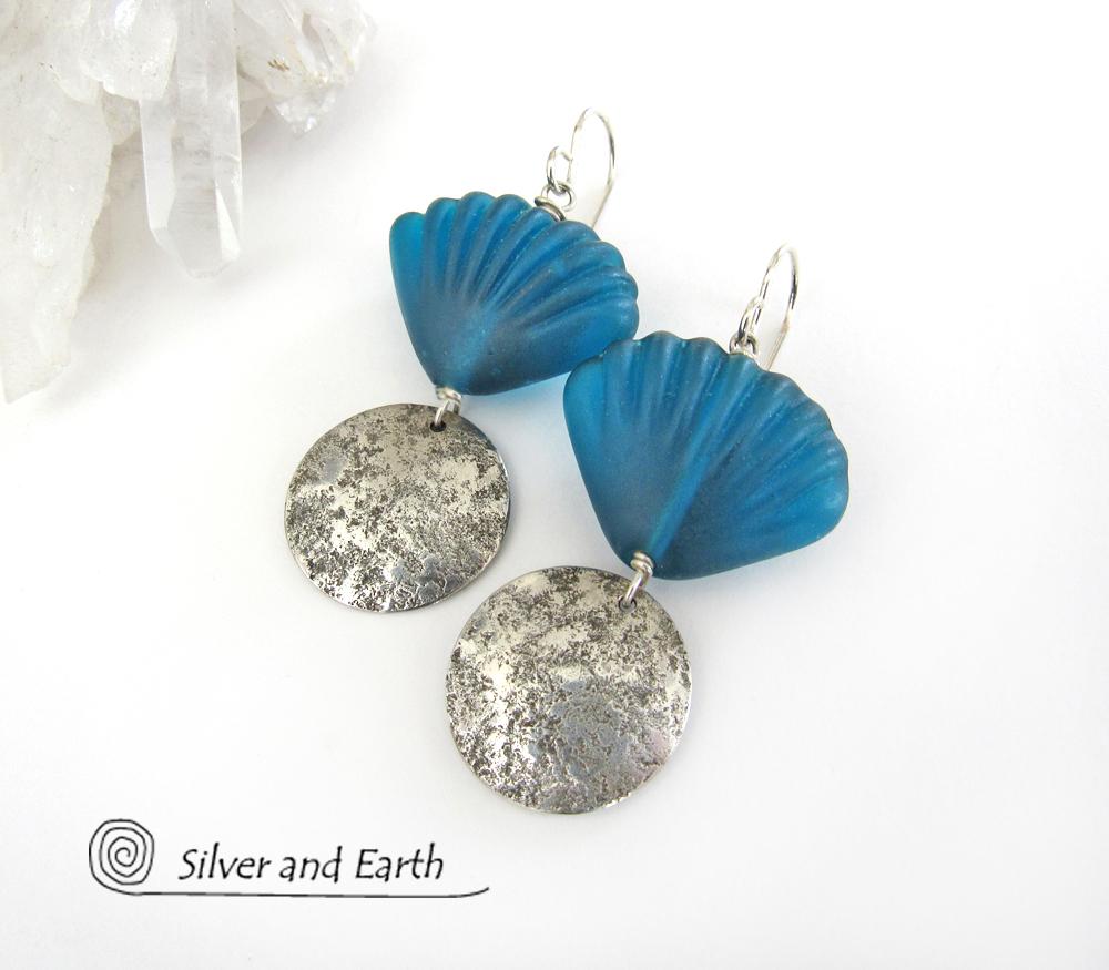Sterling Silver Earrings with Blue Shell Shaped Glass Beads - Resort Jewelry
