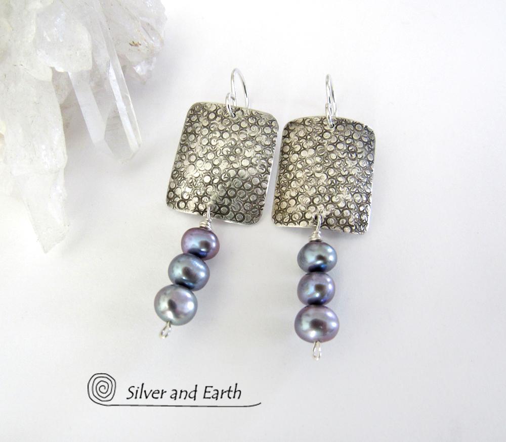 Sterling Silver Earrings with Dangling Blue Pearls - Modern Elegant Jewelry