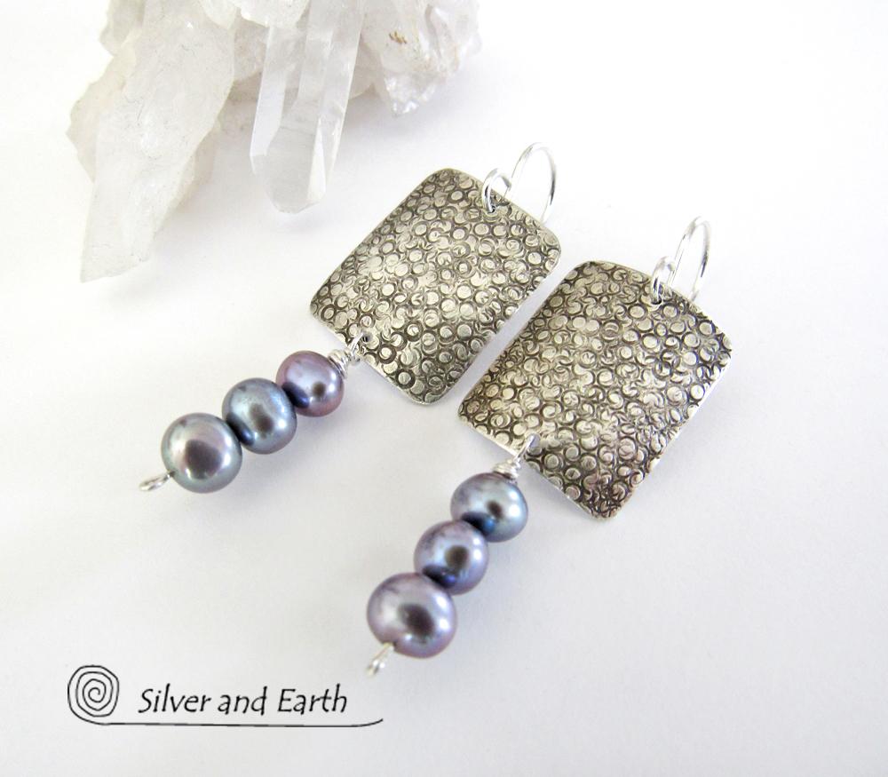 Sterling Silver Earrings with Dangling Blue Pearls - Modern Elegant Jewelry