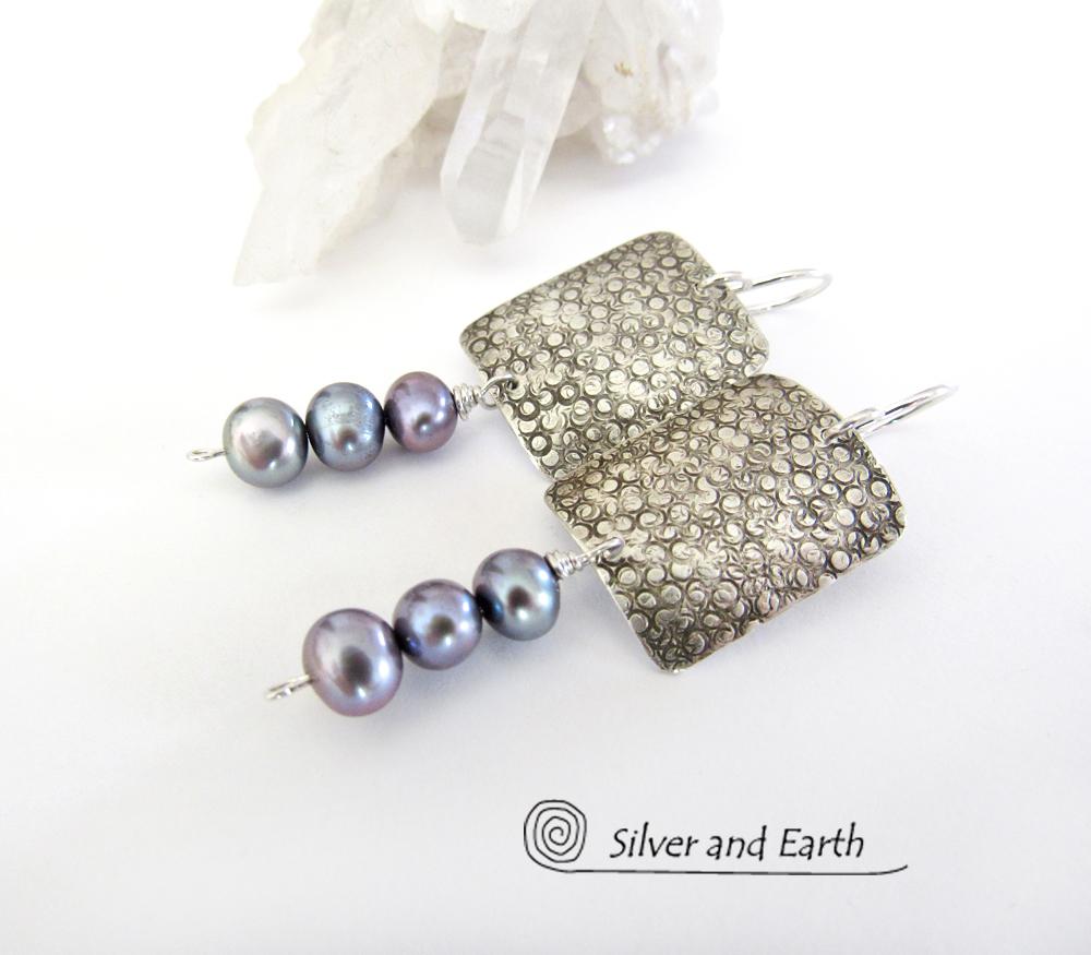 Sterling Silver Earrings with Dangling Blue Pearls - Modern Elegant Jewelry