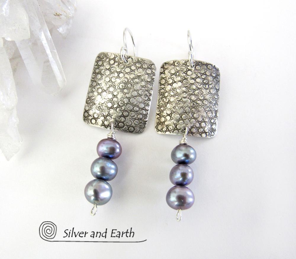 Sterling Silver Earrings with Dangling Blue Pearls - Modern Elegant Jewelry