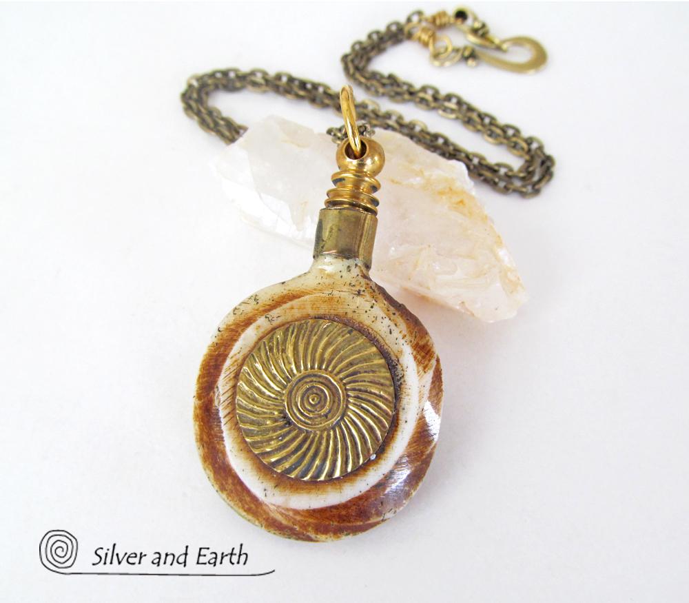 African Carved Bone Necklace on Antiqued Brass Chain - Boho Tribal Jewelry